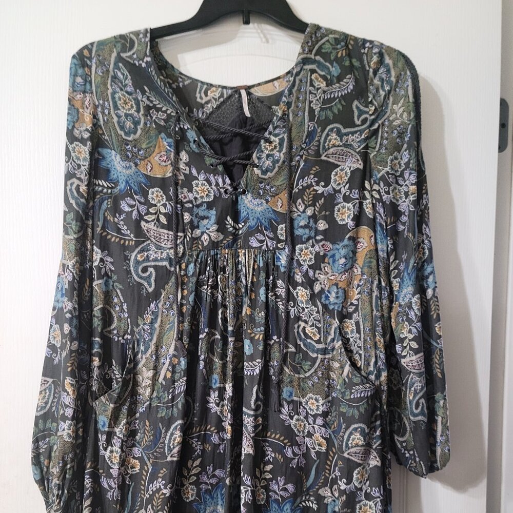 Free People Gray Floral Rain or Shine Lace Up Boho Tunic Dress